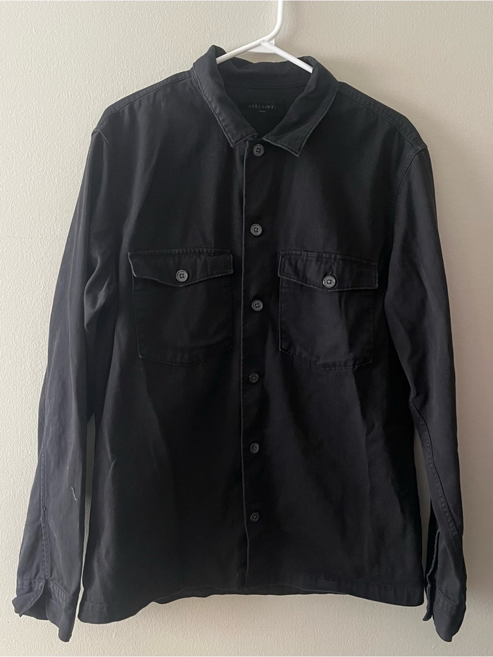 All Saints Black Cotton Button-Front Shirt Jacket